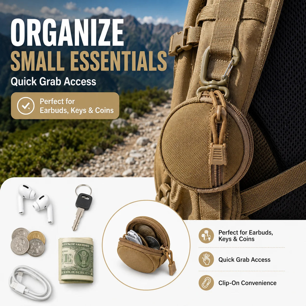 1000D Tactical Mini Round EDC Pouch with Carabiner Clip Tactical EDC Pouch QXL