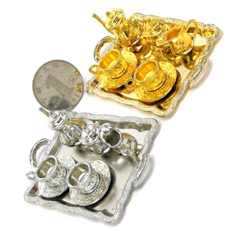 10-Pc 1:12 Dollhouse Miniature Metal Tea Cup & Plate Set Dollhouse Miniature Set QXL