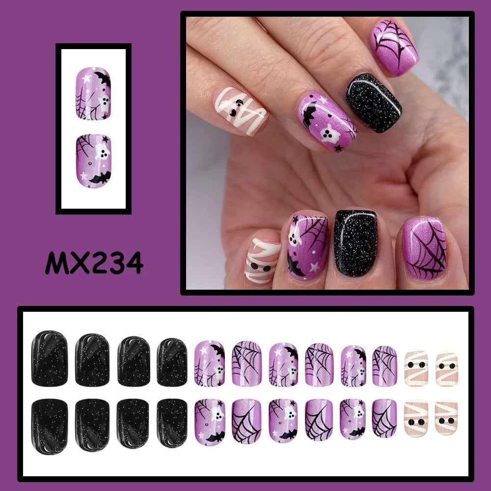 24-Pc Halloween Press-On Nails – Spider Web Bat Ghost Short Square Press-On Nail Set QXL 01