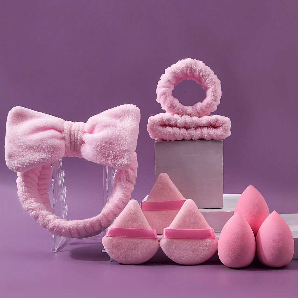 9-Piece Pink Beauty Set | Makeup Sponges, Puffs & Hair Ties Makeup Sponge Set QXL Pink