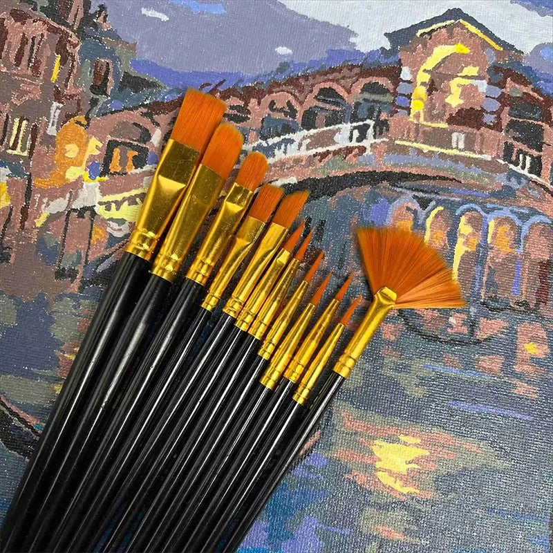 12-Pc Flat Nylon Paint Brush Set | Watercolor, Oil & Acrylic Paint Brush Set QXL
