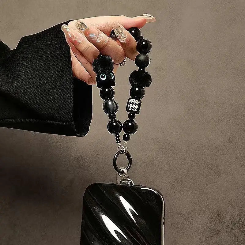 Black Fluffy Cat Phone Strap | Beaded Wrist Chain & Bag Charm Phone Wrist Strap QXL