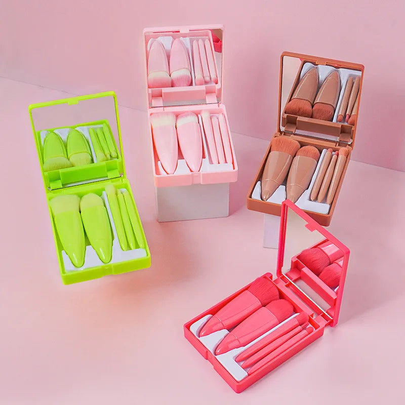 Portable Makeup Mirror & 5-Piece Brush Set | Foldable Pocket Makeup Mirror & Brush Set QXL