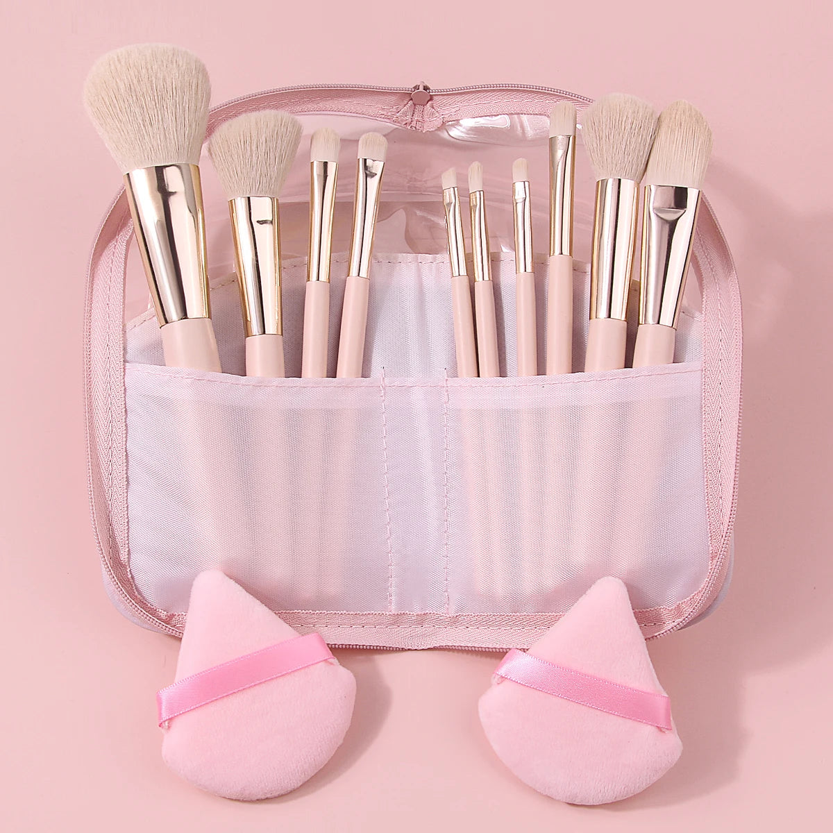 KOSSHOW 13-Pc Makeup Brush Set with Puffs & Pink Zipper Bag Makeup Brush Set QXL