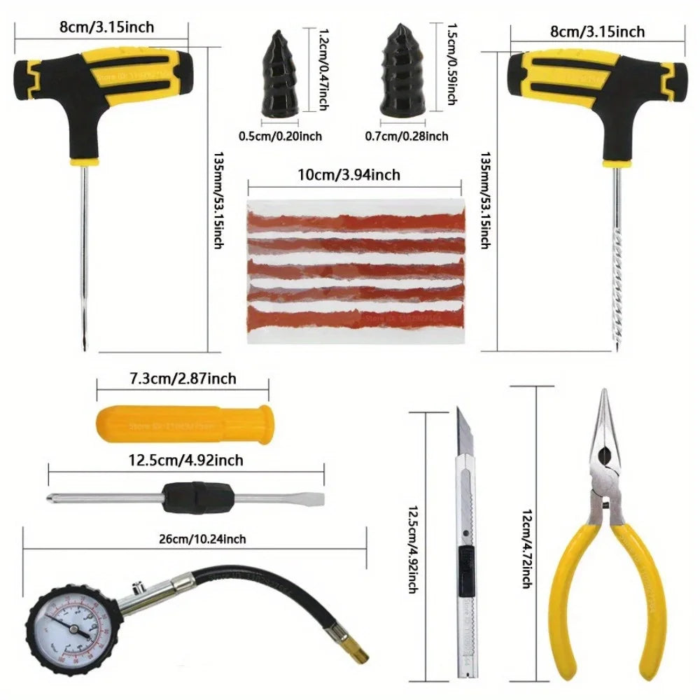 All-in-One Tire Repair Kit: Car Motorcycle Bike Truck Emergency Puncture Plug Tool with Rubber Strips - Roadside & Garage Use QXL