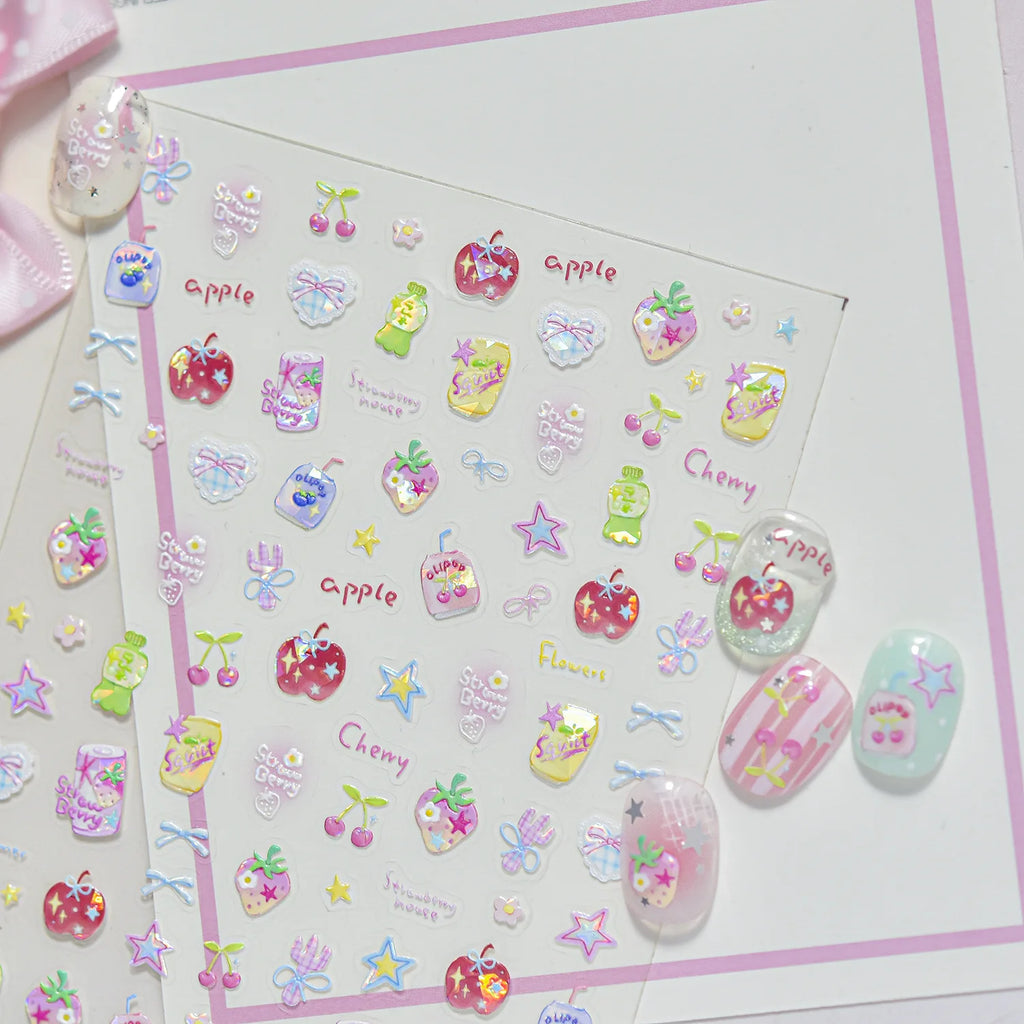 Summer Fruit 5D Nail Stickers – Strawberry Cherry Floral Decals Nail Art Stickers QXL