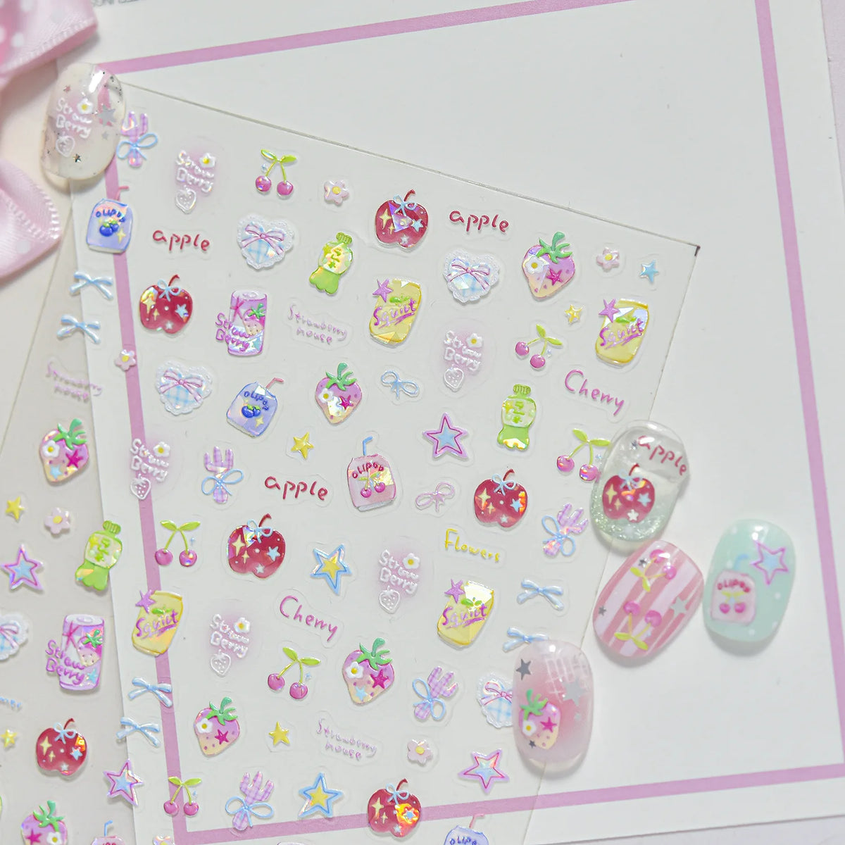 Summer Fruit 5D Nail Stickers – Strawberry Cherry Floral Decals Nail Art Stickers QXL