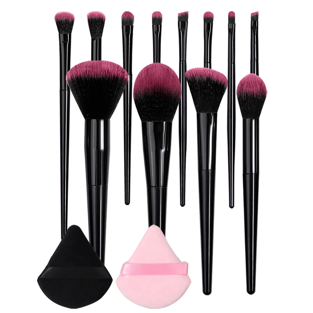 KOSSHOW 14-Pc Makeup Brush Set with Powder Puffs – Pink & Black Makeup Brush Set QXL black