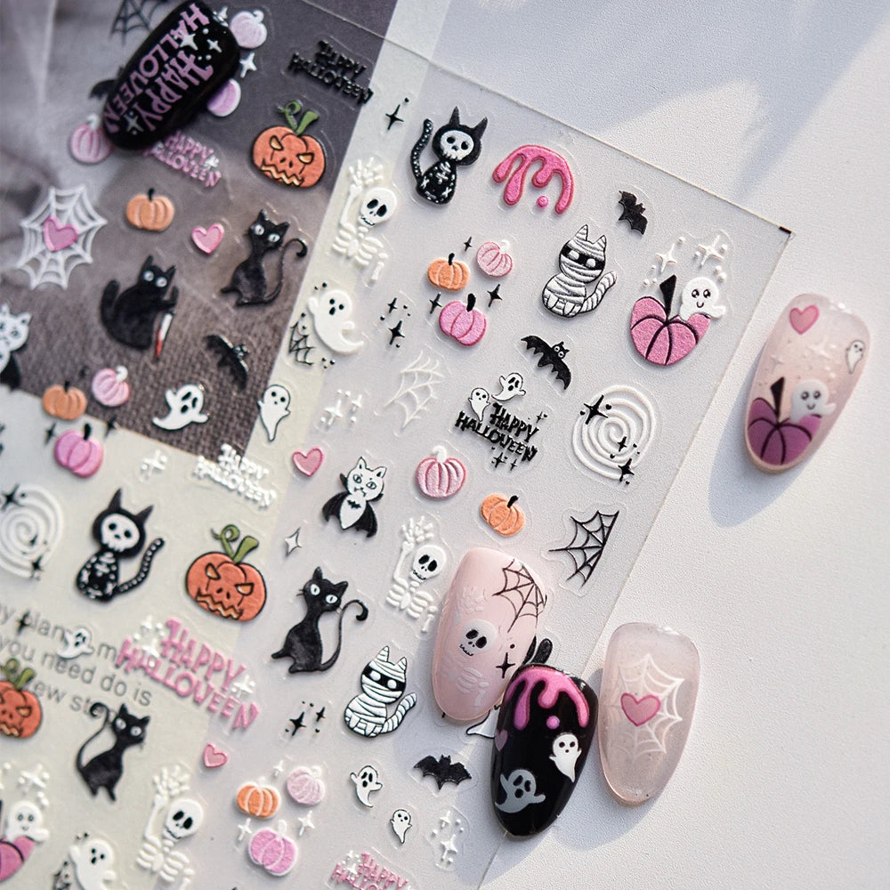 Pink Halloween 5D Nail Stickers – Pumpkins Cats Ghosts Skulls Nail Art Stickers QXL