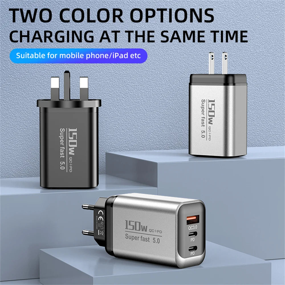 150W USB-C Fast Charger QC3.0 PD3.0 Multi-Port Wall Adapter USB-C Wall Charger QXL