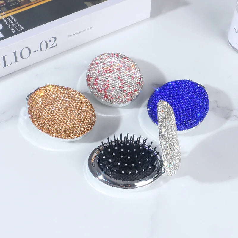 Diamond Pocket Mirror & Foldable Air Cushion Comb | 2-in-1 Compact Mirror Comb QXL