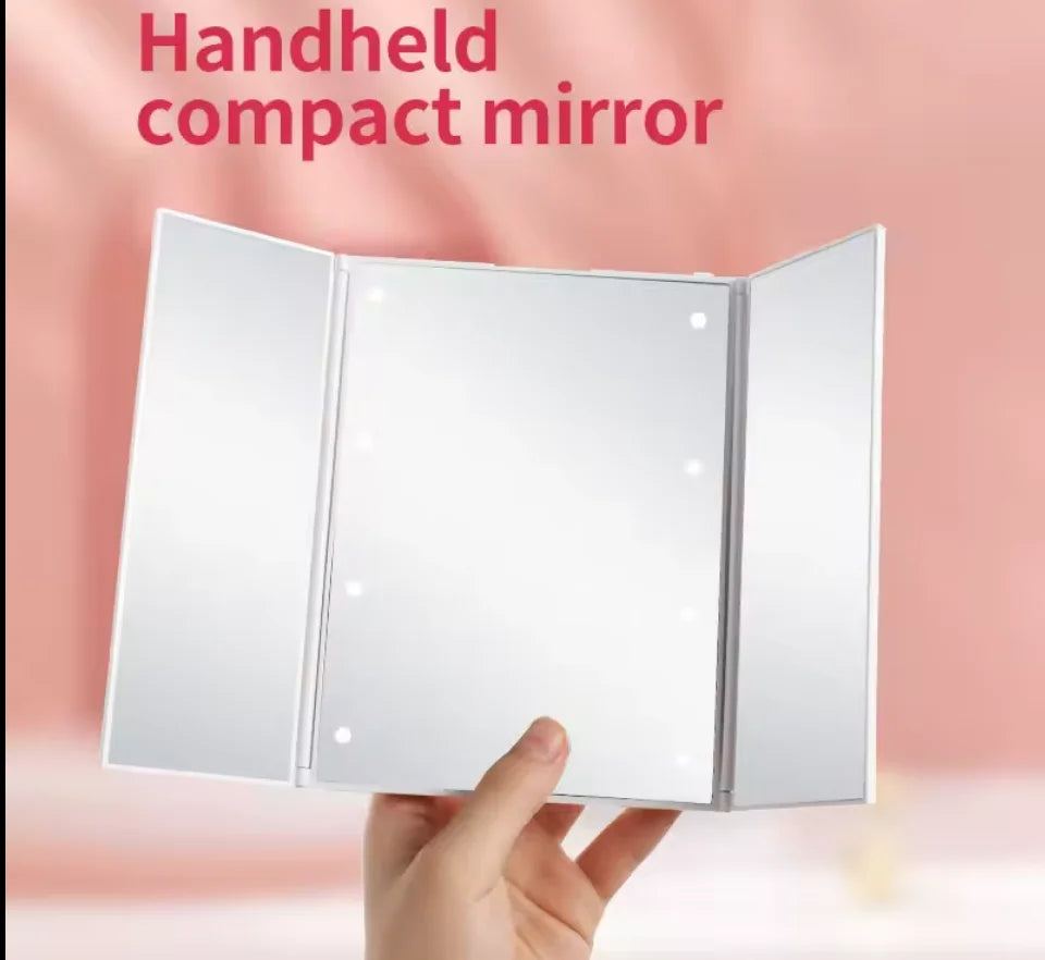 Portable LED Three-Sided Folding Makeup Mirror with Light Lighted Makeup Mirror QXL