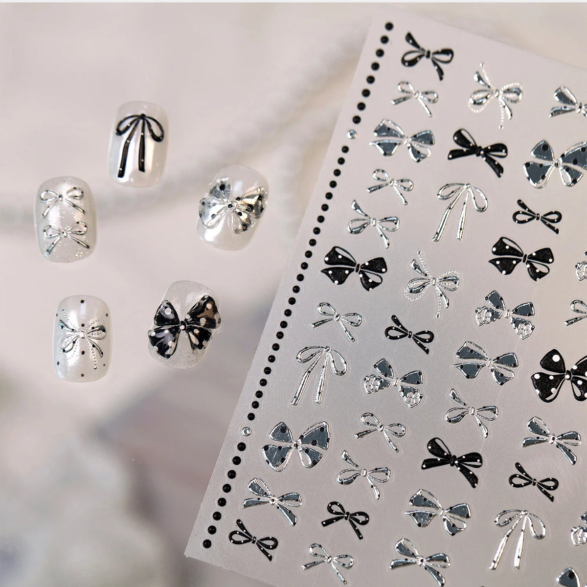 5D Bow Nail Stickers Y2K Polka Dot Silver Embossed Decals Nail Art Stickers QXL