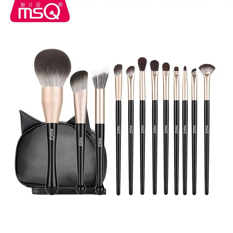 MSQ 12-Piece Black Cat Makeup Brush Set | Full Size Cosmetics Makeup Brush Set QXL 12 brushes and a bag
