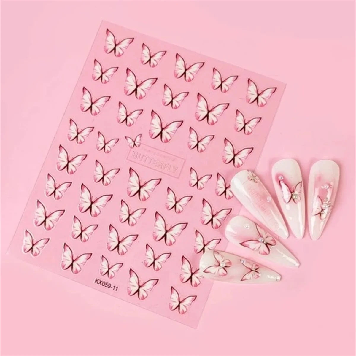 5D Butterfly Nail Art Stickers | Pink Gradient Kawaii Decals Nail Art Stickers QXL