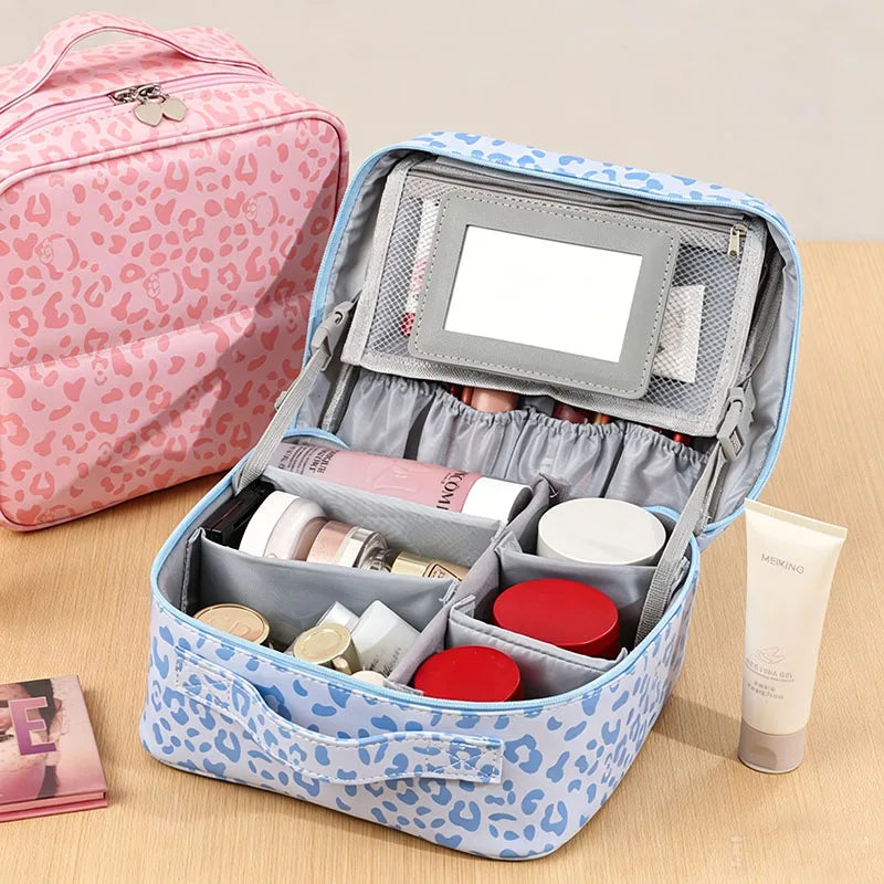Leopard Print Makeup Brush Bag with Mirror & Dividers Cosmetic Travel Bag QXL
