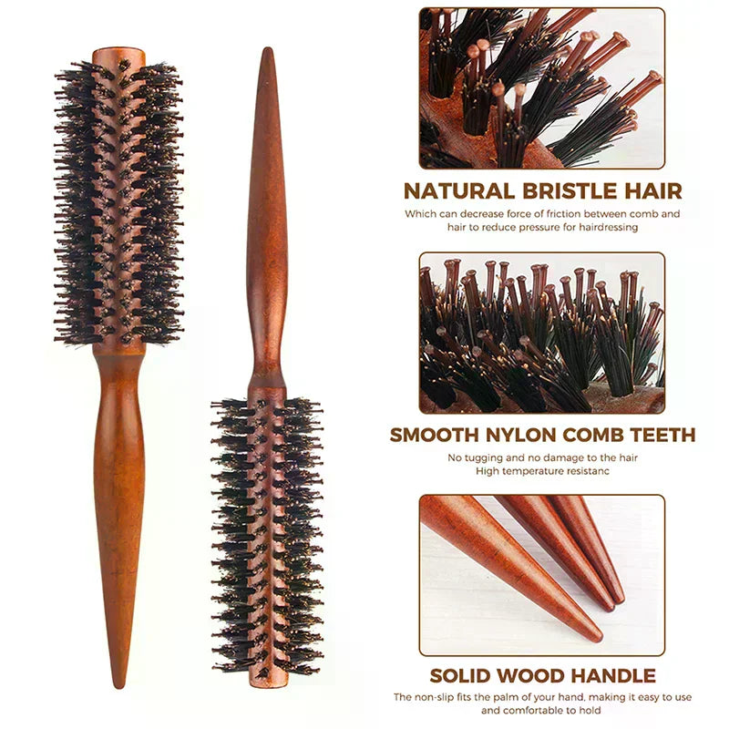 Anti-Static Boar Bristle Round Hair Brush | Wood Handle Boar Bristle Hair Brush QXL
