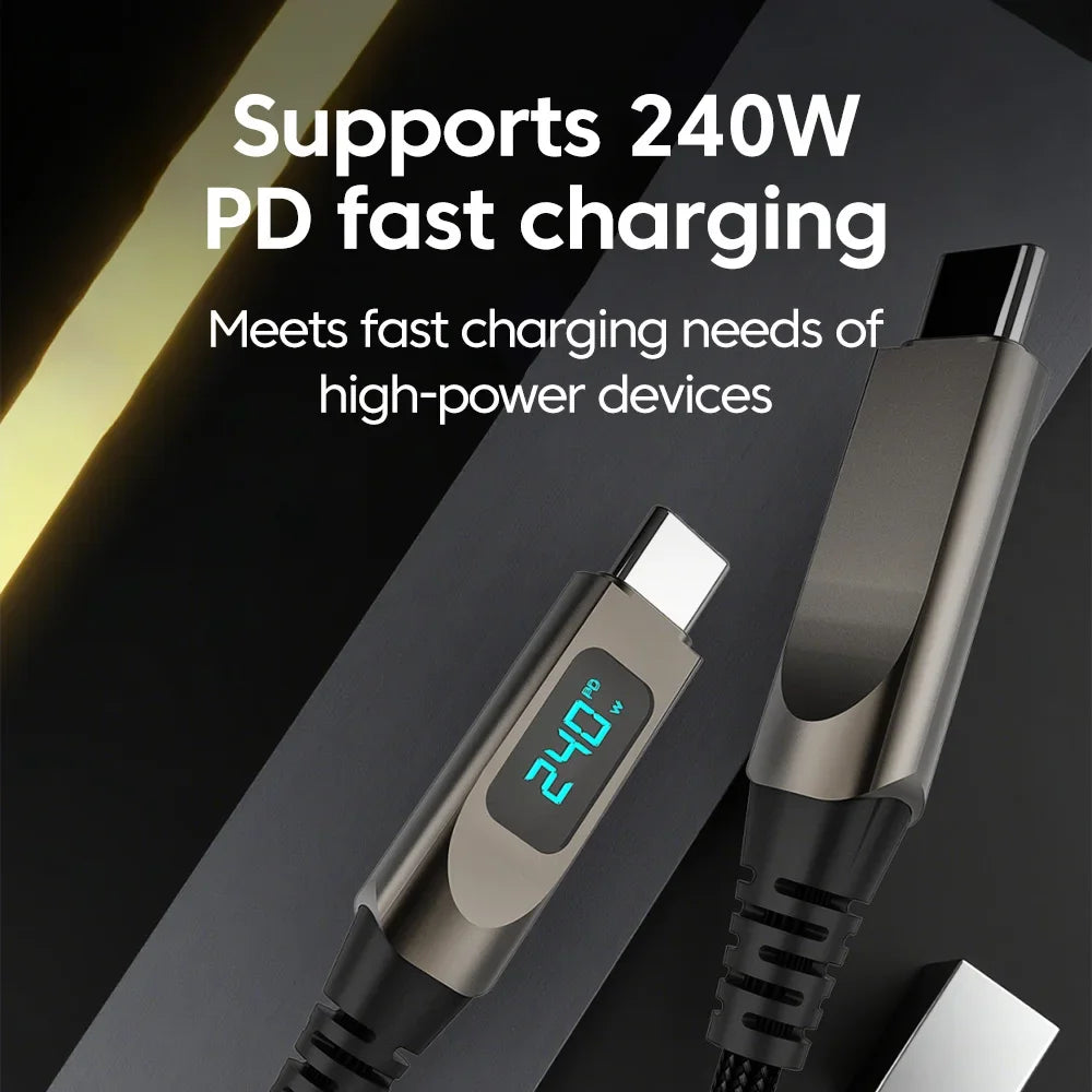 USB-C 240W Fast Charging Cable | Nylon Braided Digital Display USB-C Charging Cable QXL