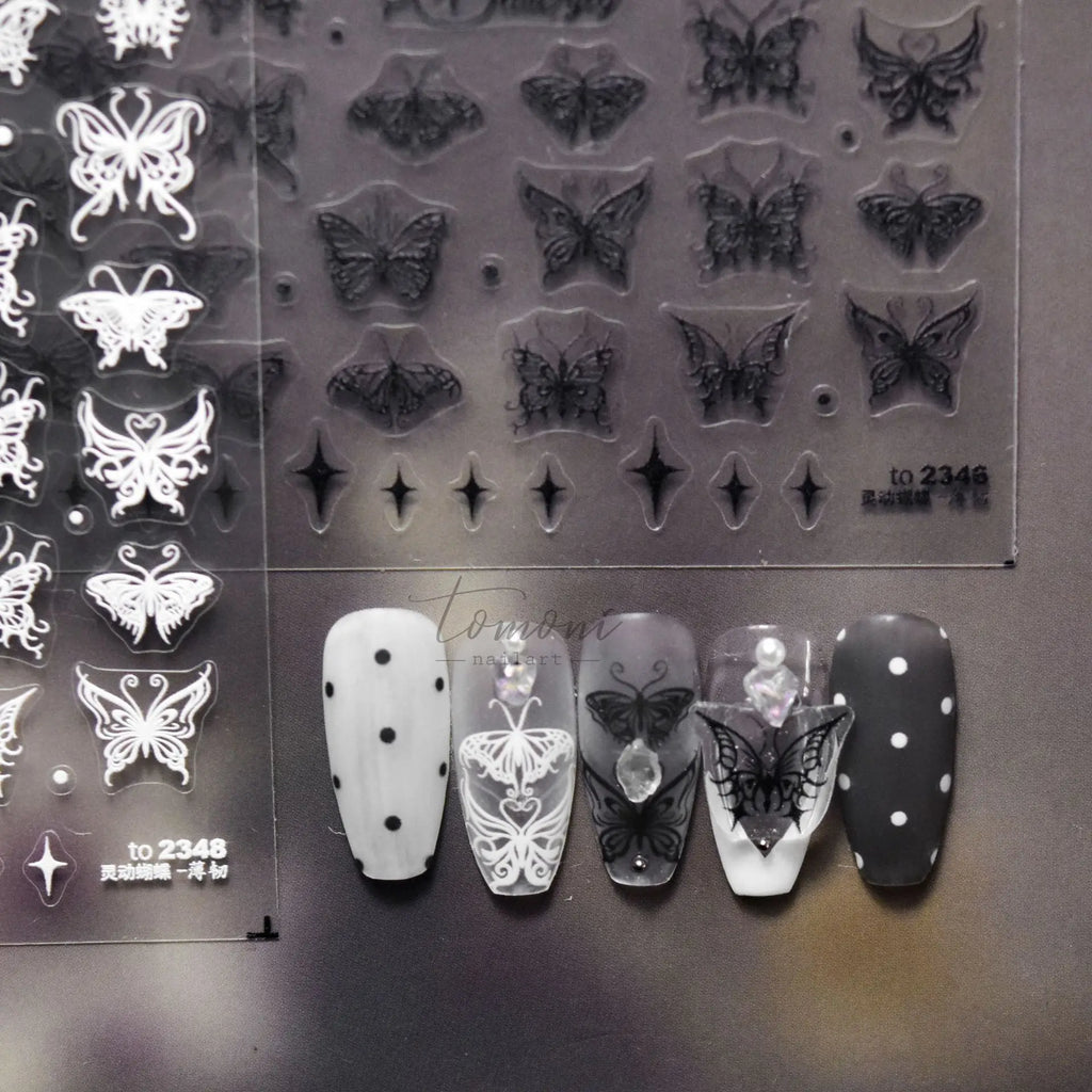 5D Butterfly Nail Art Stickers | Frosted Black White & Red Nail Art Stickers QXL