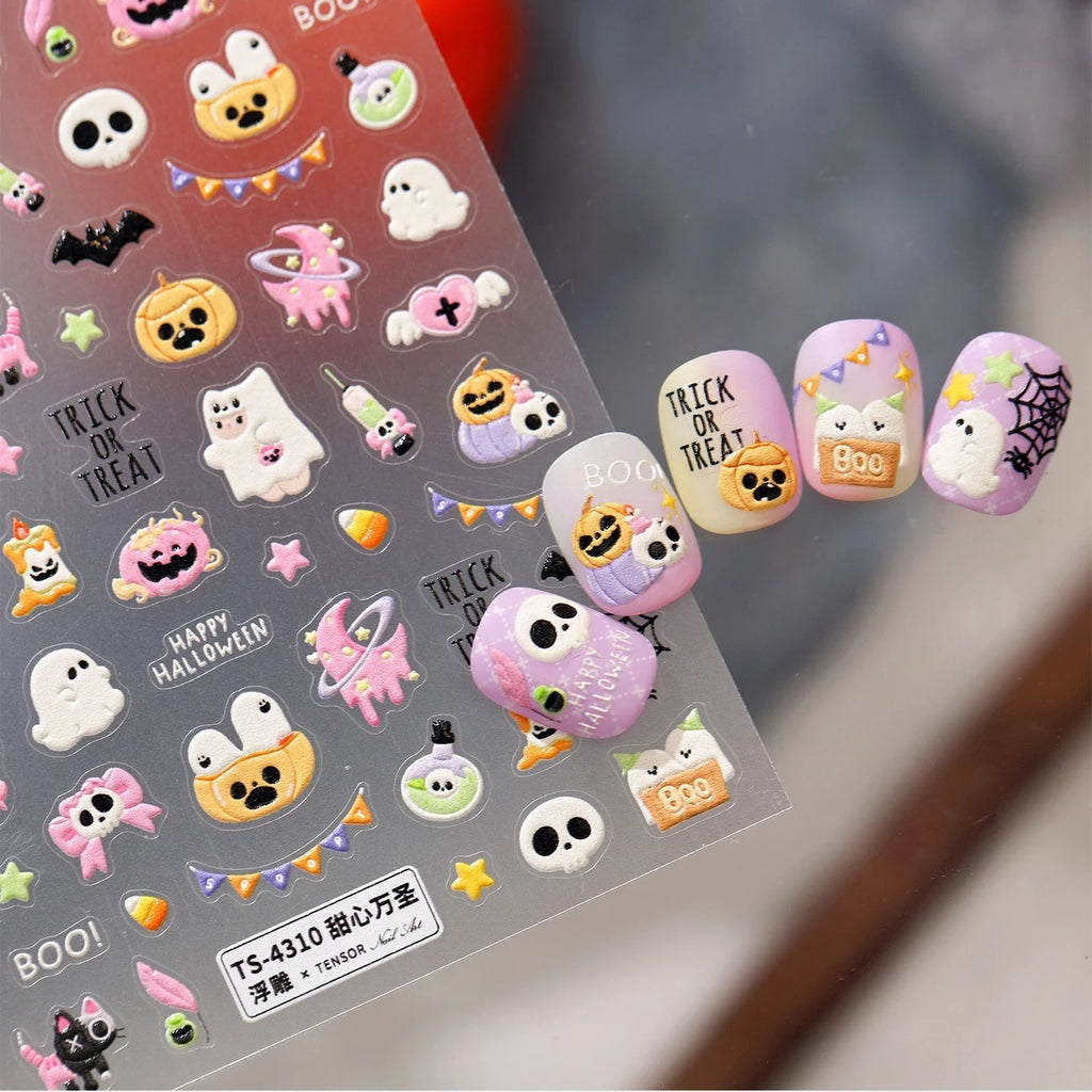 Halloween 5D Nail Stickers – Ghost Pumpkin Bat Spider Web Decals Nail Art Stickers QXL