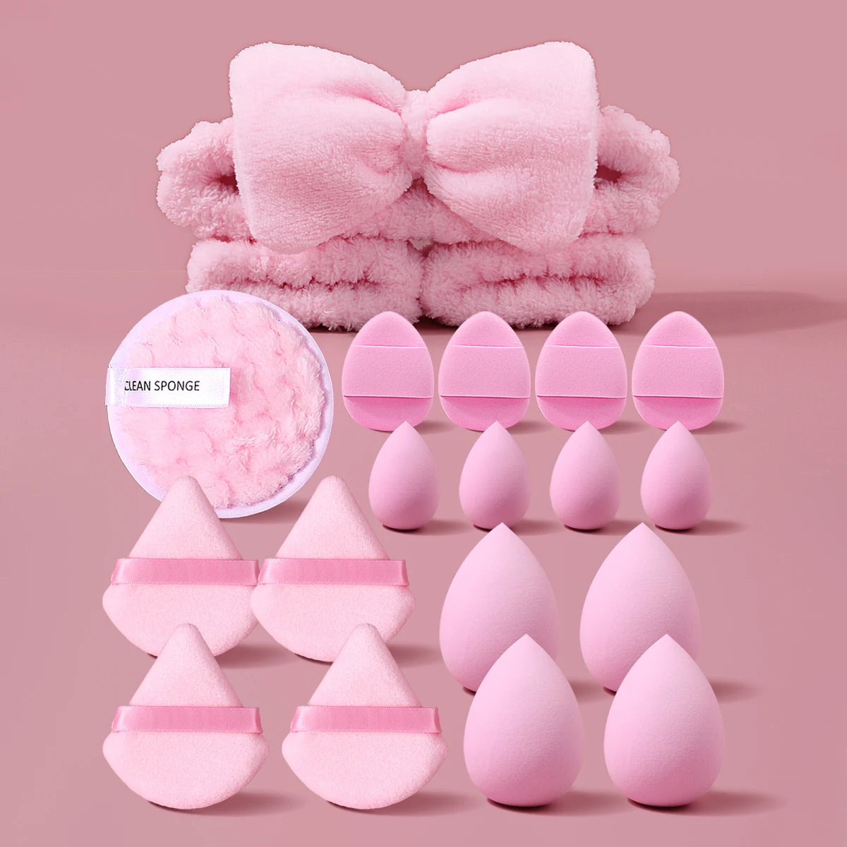 20-Pc Pink Makeup Sponge & Skincare Set | Puffs + Headband Makeup Sponge Set QXL