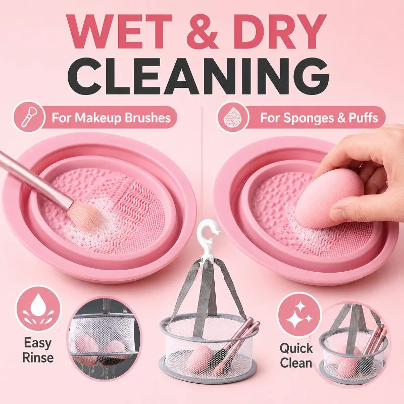 2-in-1 Silicone Makeup Brush Cleaner Bowl & Drying Basket Brush Cleaner Set QXL