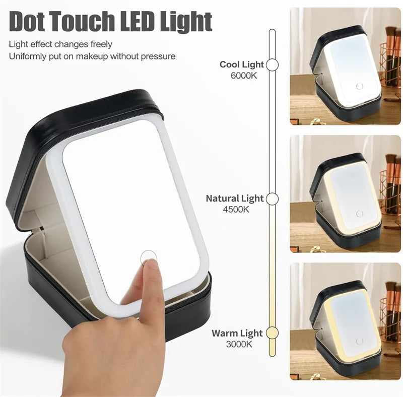 LED Mirror Makeup Storage Case | 3-Color Adjustable Light Box LED Makeup Storage Case QXL