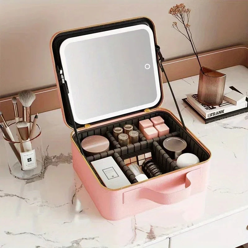 LED Lighted Makeup Train Case | 3-Color Mirror & Organizer Lighted Makeup Train Case QXL