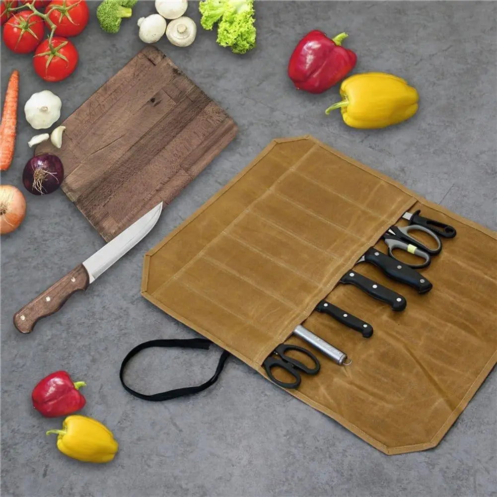 7-Slot Wax Canvas Knife Roll Bag | Chef & Camping Organizer Knife Roll Bag QXL