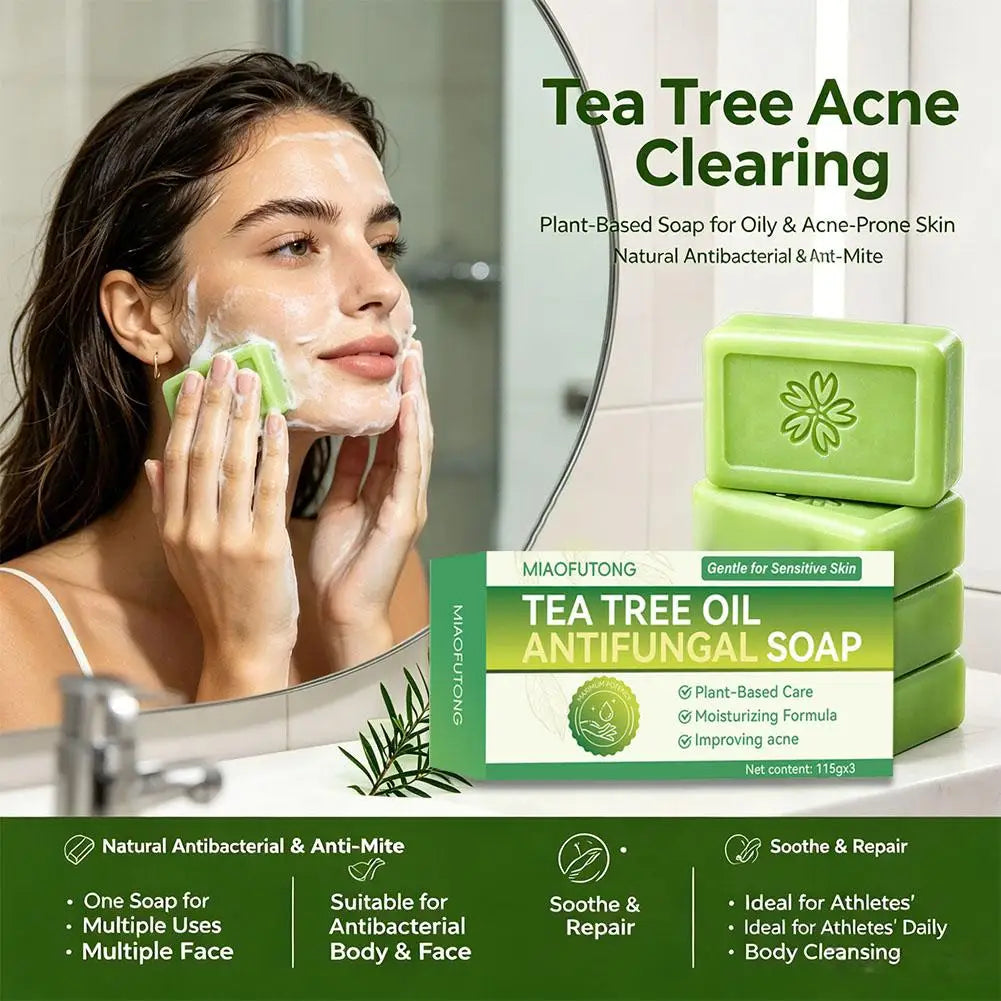 3-Pack Tea Tree Oil Bar Soap | Deep Cleanse Oily Sensitive Skin Cleansing Bar Soap QXL