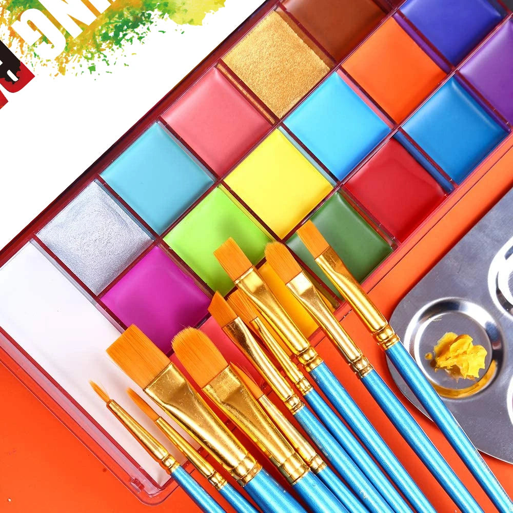 20-Color Face & Body Paint Kit with 10 Brushes | Halloween Face & Body Paint Kit QXL