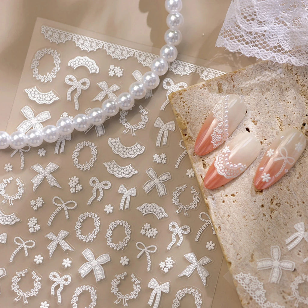 5D French Ballet Nail Stickers – White Lace Bow Flower Decals Nail Art Stickers QXL
