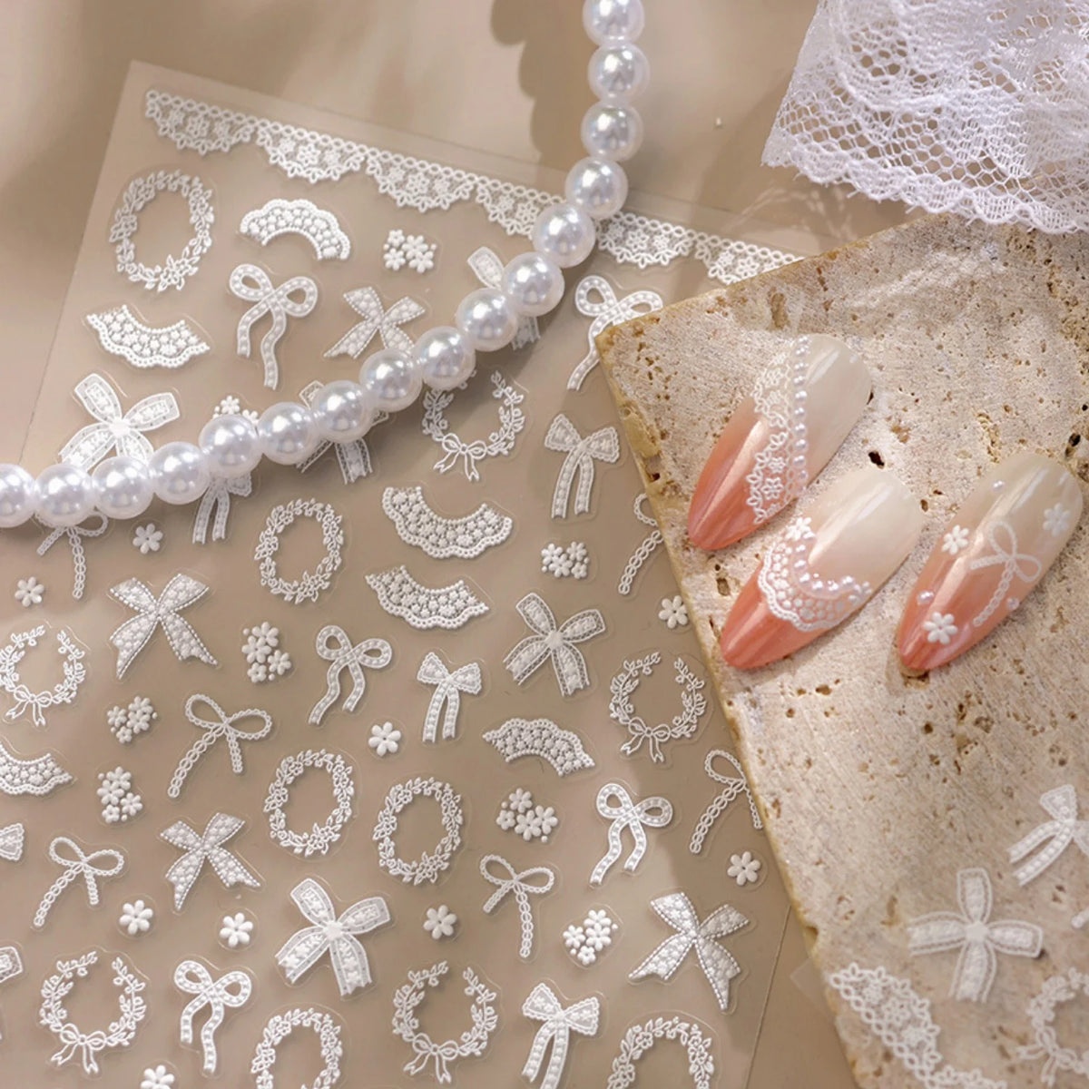 5D French Ballet Nail Stickers – White Lace Bow Flower Decals Nail Art Stickers QXL