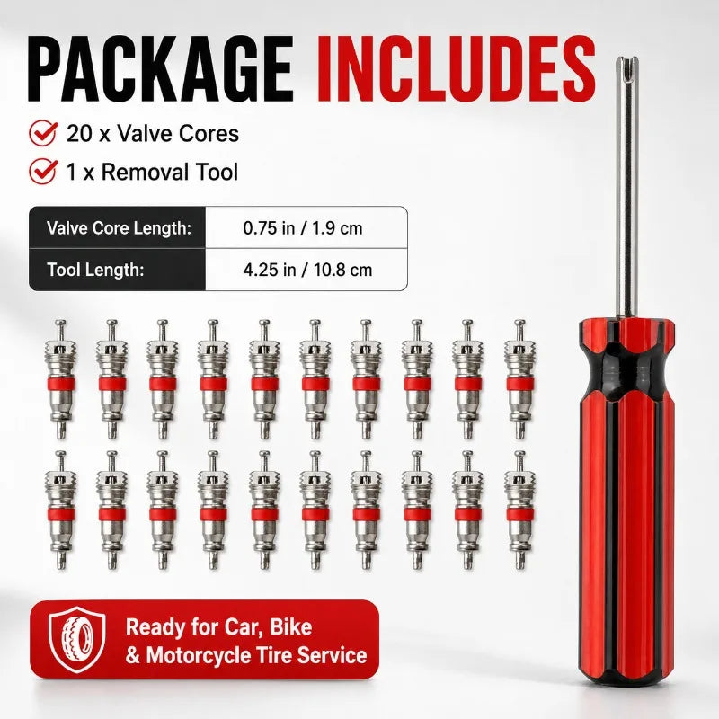20-Pc Schrader Tire Valve Core Kit with Remover Tool Tire Valve Core Kit QXL