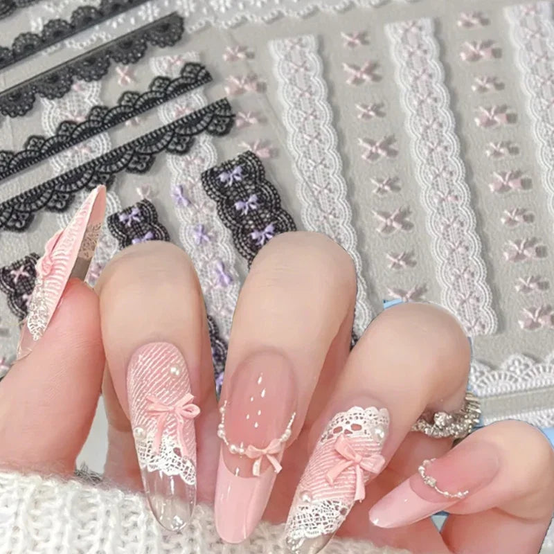 Japanese Lace Bow Nail Stickers | Pink Black White Nail Decals Nail Art Stickers QXL
