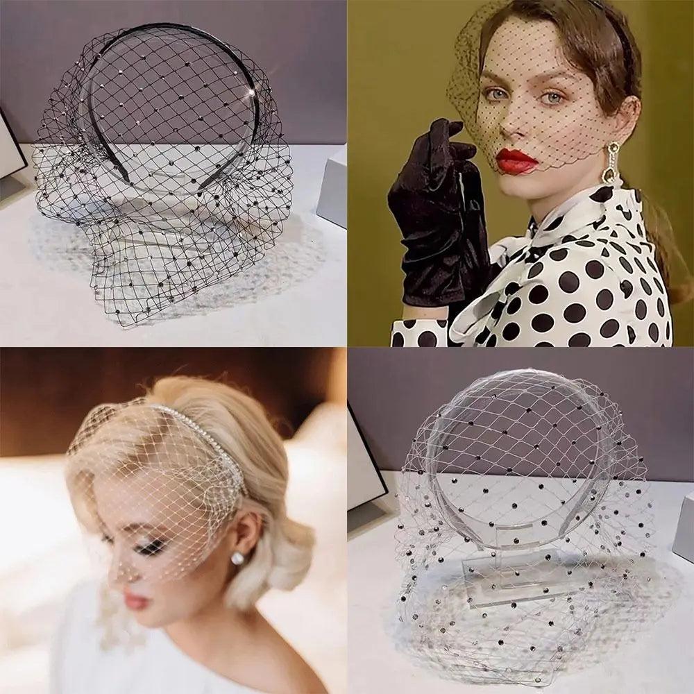 Elegant Veil Headband – Rhinestone & Pearl Mesh Face Cover Veil Headband QXL