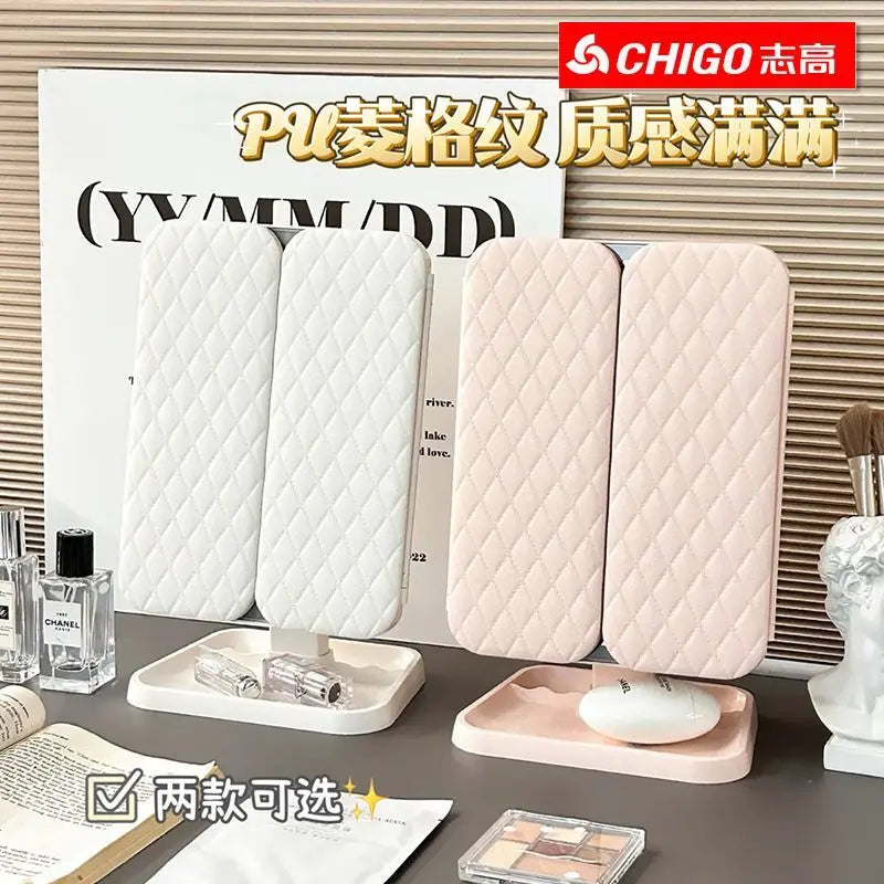LED Lighted Trifold Folding Makeup Mirror | Double-Door Desktop Lighted Makeup Mirror QXL