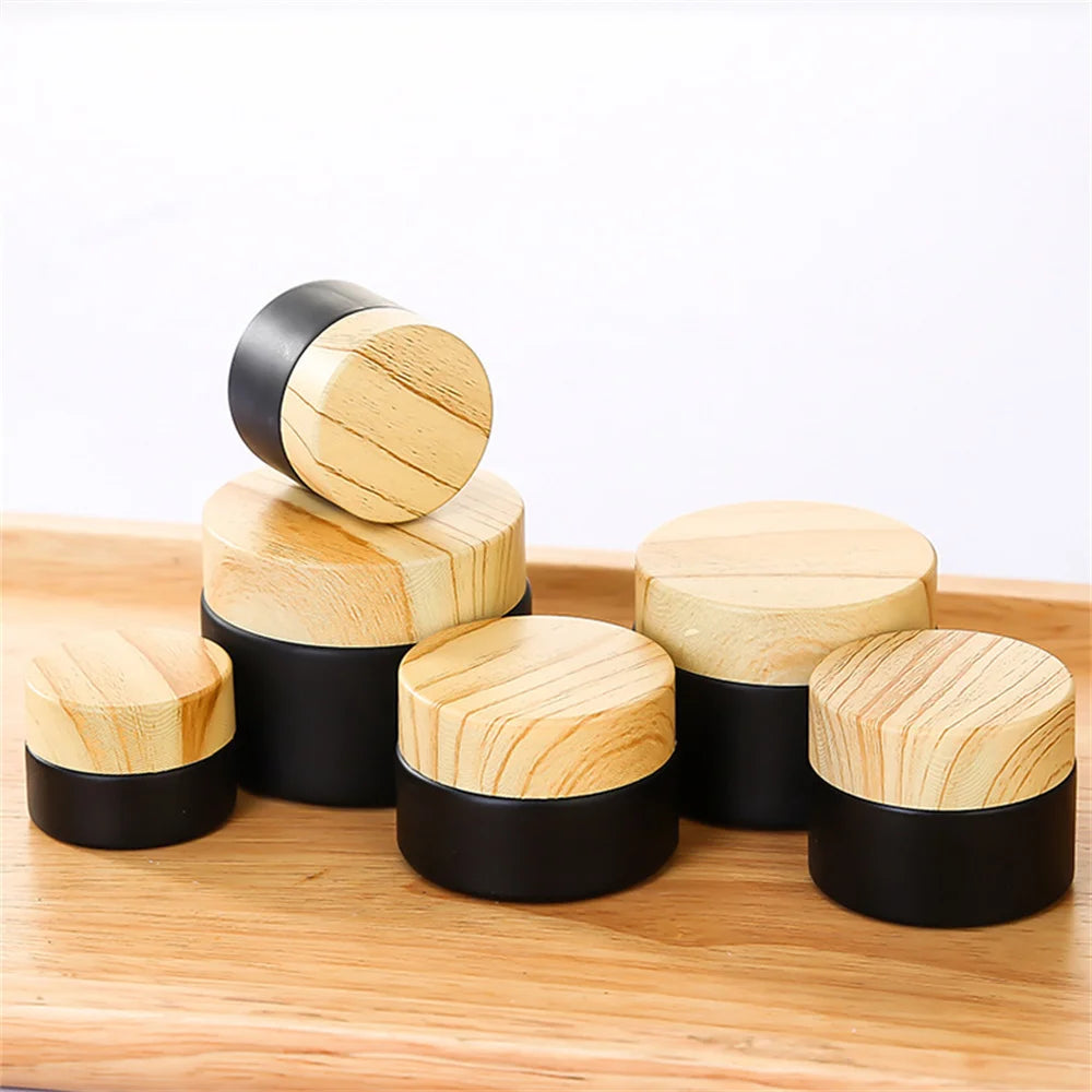 Matte Black Glass Jars Wood Cap | 5g–50g Refillable Cosmetic Pots Cosmetic Glass Jar QXL