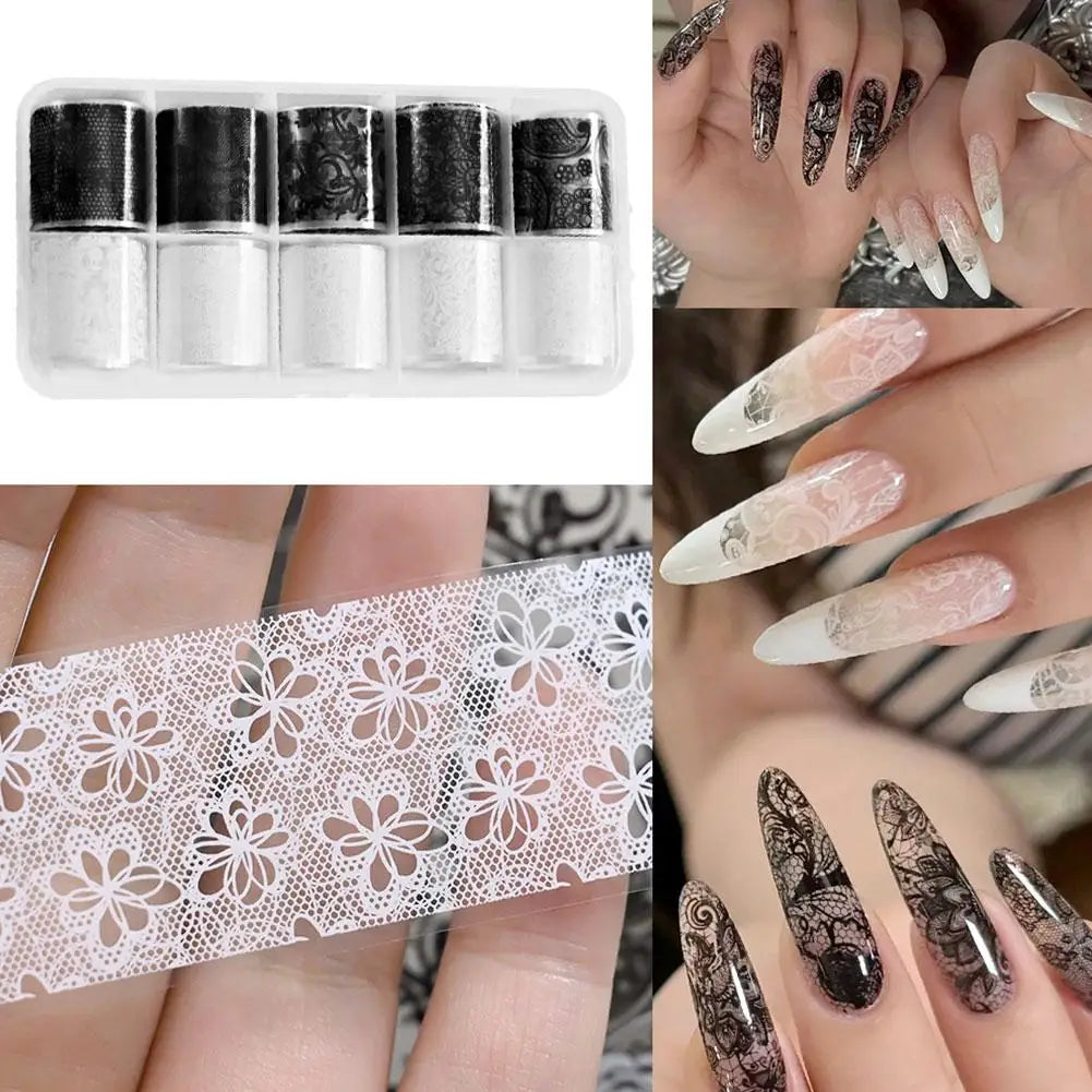 Self-Adhesive Lace Nail Foil Stickers | Black & White 10 Rolls Nail Foil Stickers QXL
