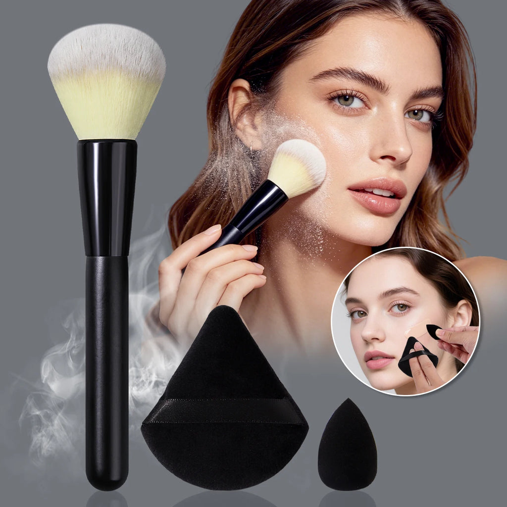 KOSSHOW 3-Pc Makeup Set: Powder Brush, Puff & Sponge Kit Makeup Brush Set QXL black