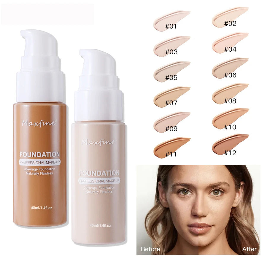 MAXFINE 12-Shade Liquid Foundation | Full Coverage, Long-Lasting Liquid Foundation QXL