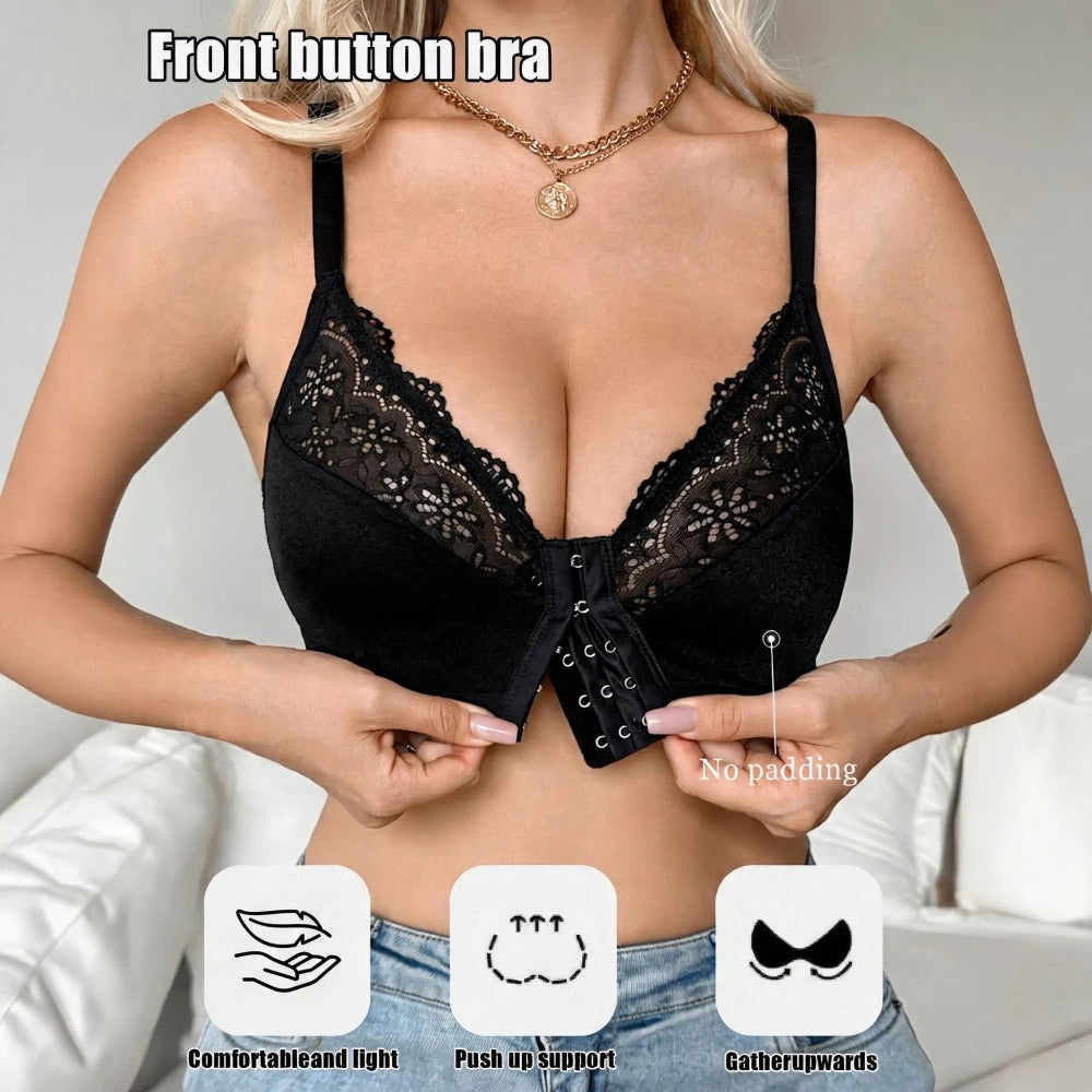 Women's Floral Lace Front Closure Wireless Bra | Wire-Free Wireless Lace Bra QXL