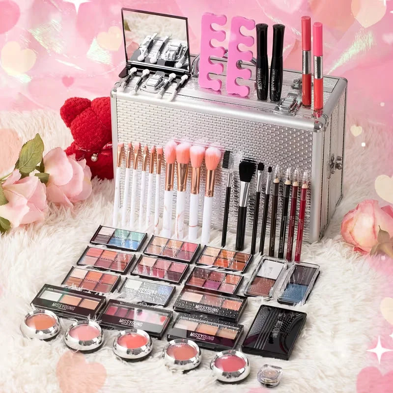 Aluminum Travel Makeup Case – Complete Cosmetic Set Makeup Gift Set QXL silver