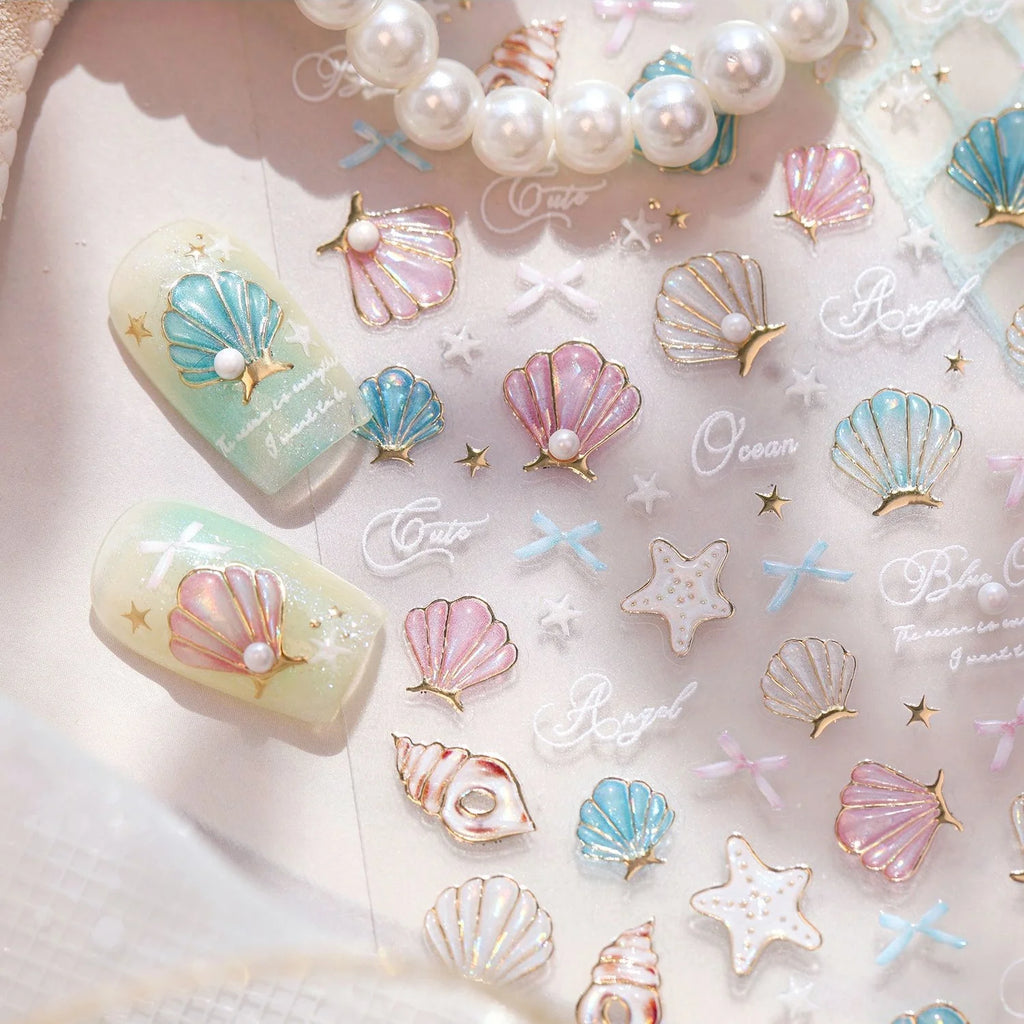 5D Beach Nail Stickers – Shell Starfish Gold Foil Decals Nail Art Stickers QXL