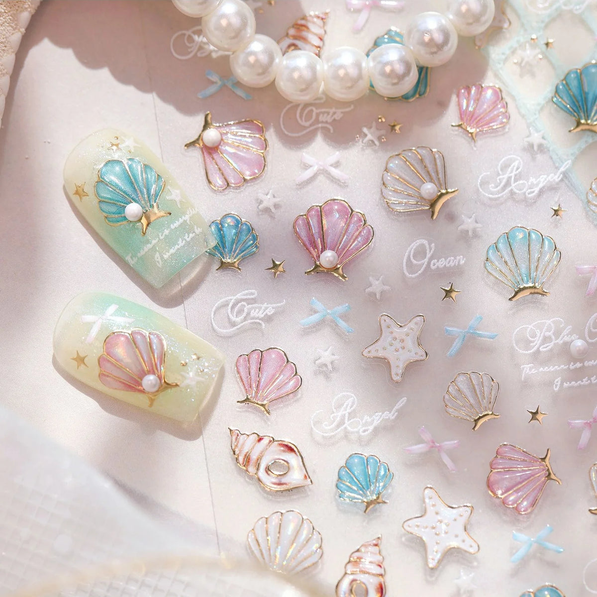 5D Beach Nail Stickers – Shell Starfish Gold Foil Decals Nail Art Stickers QXL