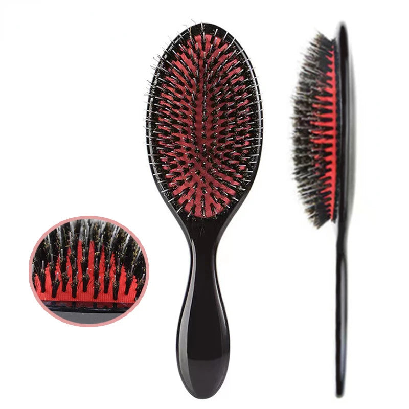 Oval Boar Bristle & Nylon Hair Comb | Anti-Static Massager Hair Comb Brush QXL Black