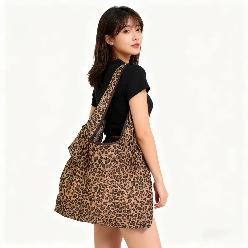 Leopard Print Foldable Tote Bag | Lightweight Leak-Proof Polyester Foldable Tote Bag QXL
