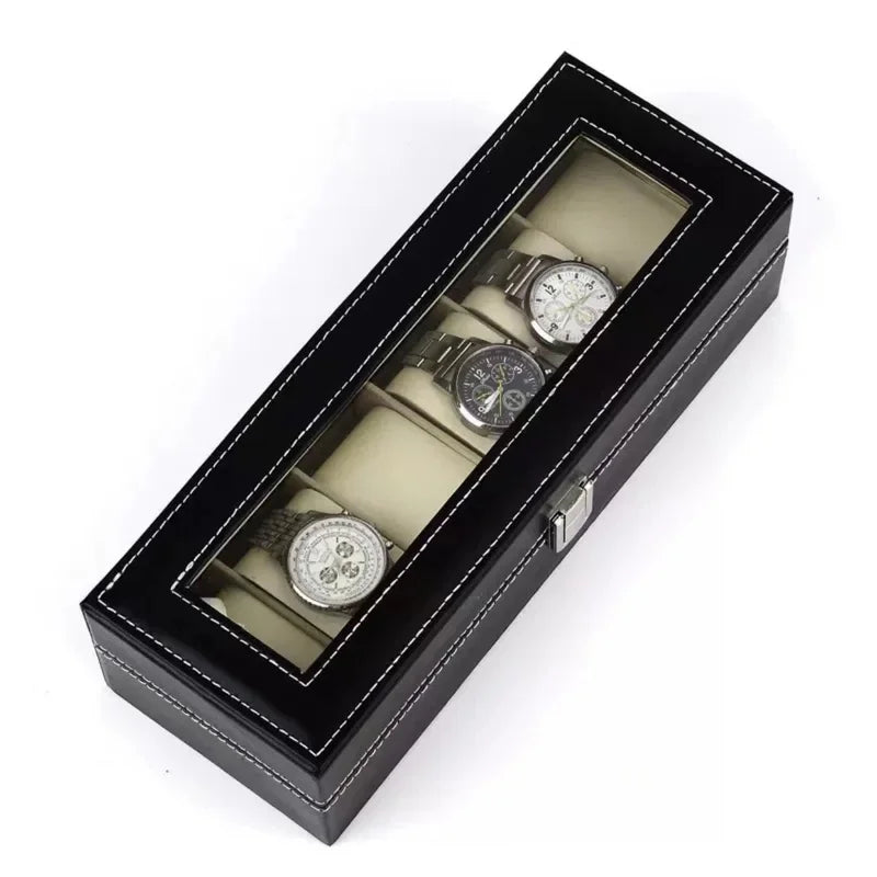 6-Slot PU Leather Watch Box with Glass Lid – Display & Storage Watch Display Box QXL