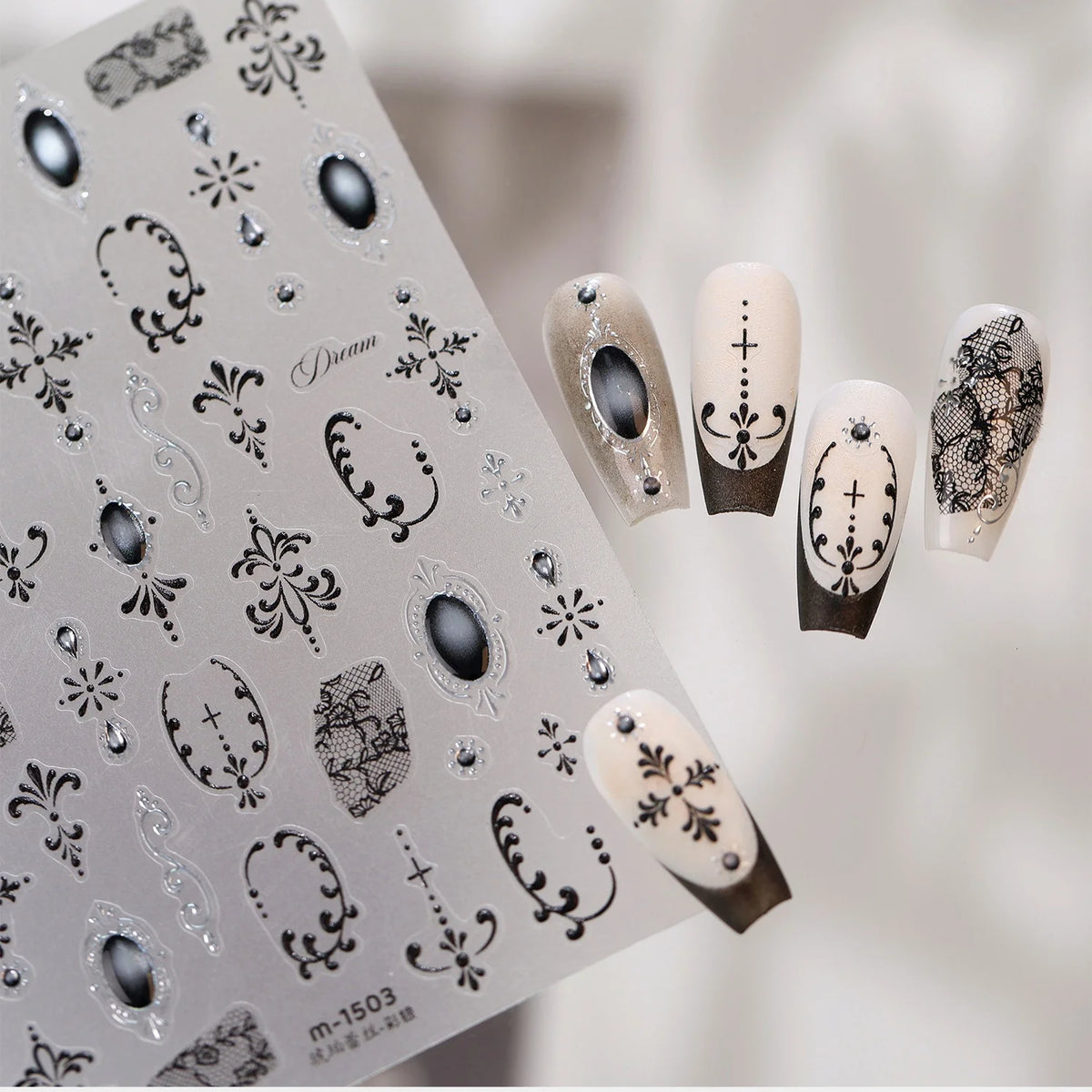 Vintage Black Lace Gem 5D Nail Stickers | Self-Adhesive Decals Nail Art Stickers QXL