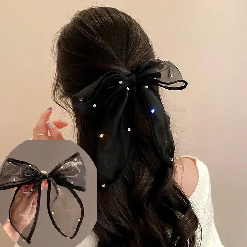 Black Glitter Bow Hair Clips | Korean Fashion Barrettes Bow Hair Clip QXL